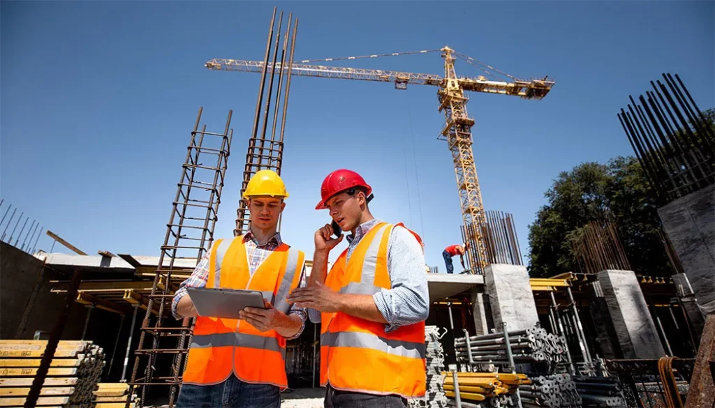مهندس إنشائي ومهندس معماري يرتديان سترات عمل برتقالية وخفافيش صلبة يناقشان عملية البناء عبر الهاتف ويستخدمان الجهاز اللوحي في موقع البناء المفتوح بالقرب من الرافعة